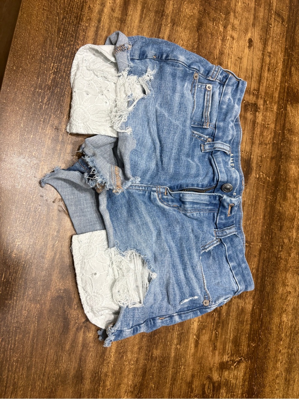 American Eagle Outfitters Light Blue Denim Jean Shorts with White Lace